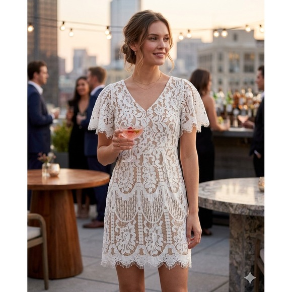 Lulus Dresses & Skirts - Lulus Lace Dress Women M White Floral V-Neck Short Sleeve Lined